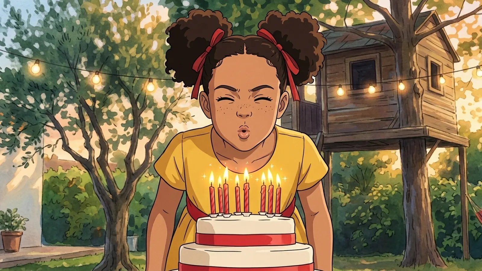 The same birthday scene, a girl blowing out seven candles, rendered as anime.