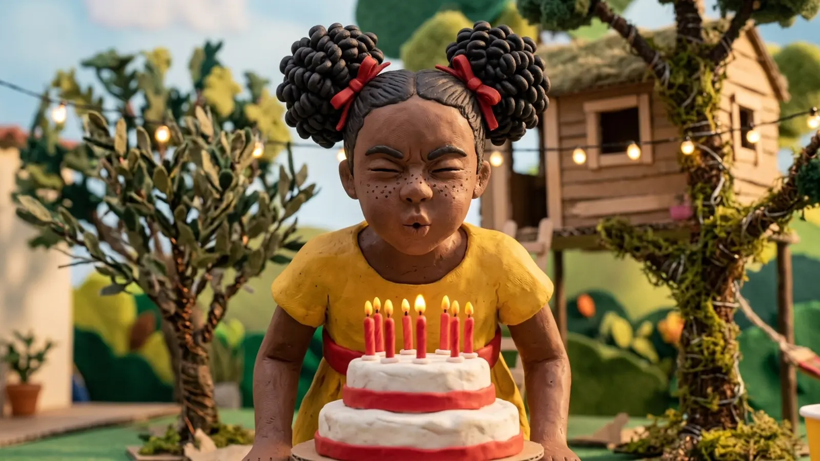 The same birthday scene, a girl blowing out seven candles, rendered as claymation.