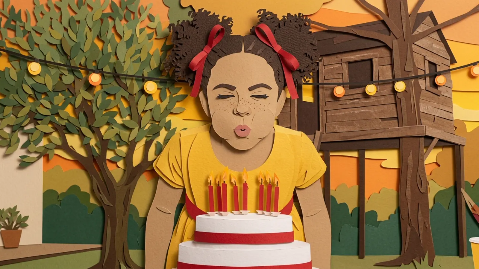 The same birthday scene, a girl blowing out seven candles, rendered as paper cut-out.