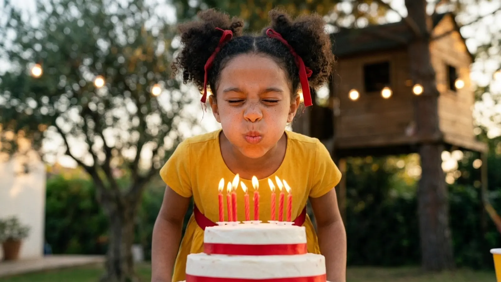 The same birthday scene, a girl blowing out seven candles, rendered as photoreal.