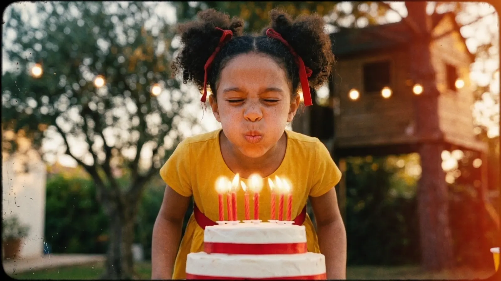 The same birthday scene, a girl blowing out seven candles, rendered as super 8.
