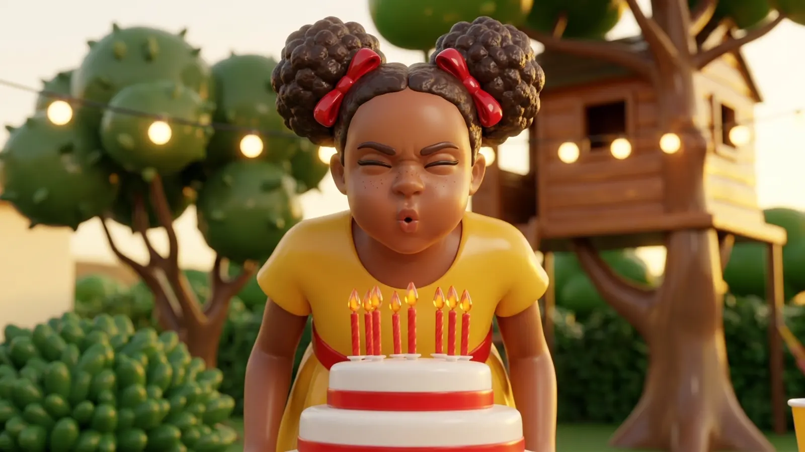 The same birthday scene, a girl blowing out seven candles, rendered as 3d toy.